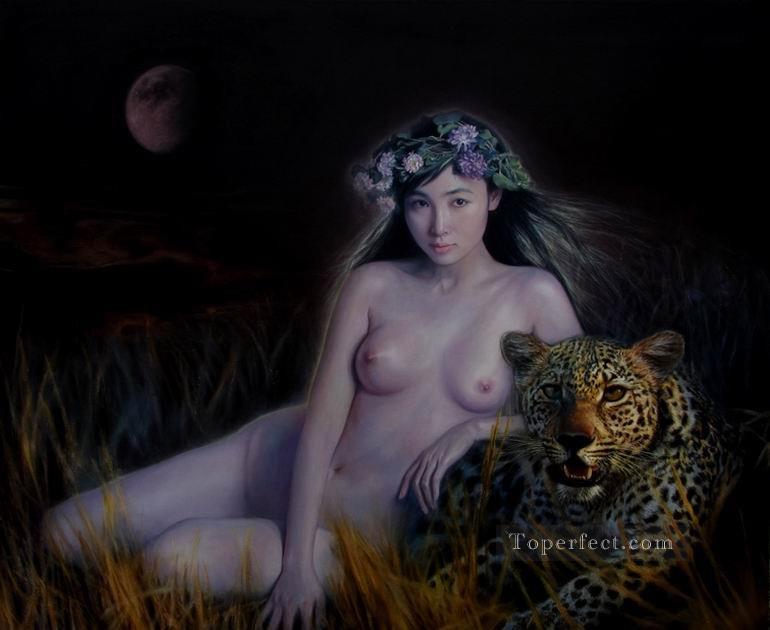 Leopord in Coold Breeze Chinese Girl Nude Oil Paintings